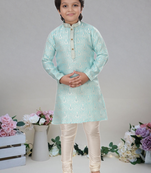 Turquoise art silk  woven kurta pajama for boy's