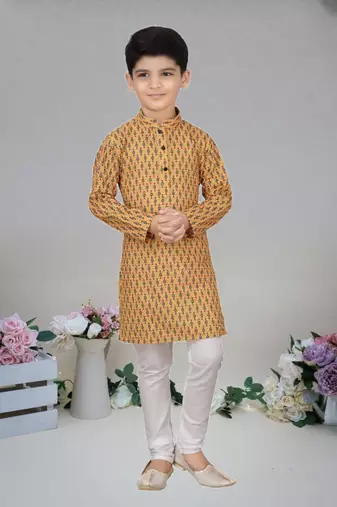 Yellow art silk embroiderde kurta pajama for boy's