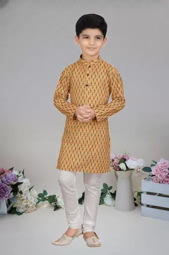 Yellow art silk embroiderde kurta pajama for boy's