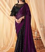 Black purple sequins glass silk & georgette dual color wedding party wear saree with sartin silk blouse
