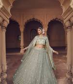 GREY EMBROIDERED NET SEMI STITCHED LEHENGA