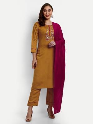 Mustard Colour Silk Slub Straight Salwar Suits Set 1