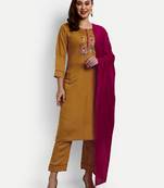 Mustard Colour Silk Slub Straight Salwar Suits Set