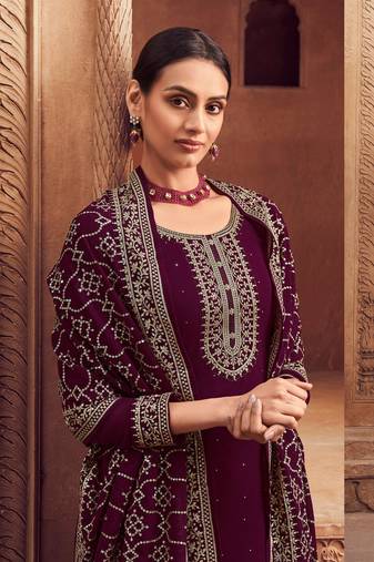 Wine embroidery ceremonial look georgette semi stitched suits