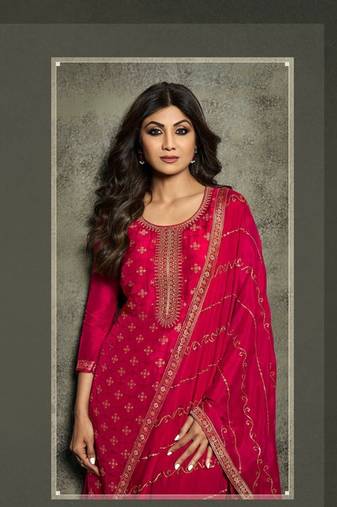 Rose pink jacquard semi stitched churidar suits