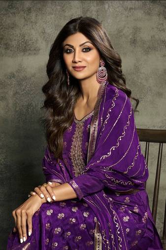 Purple jacquard semi stitched churidar suits
