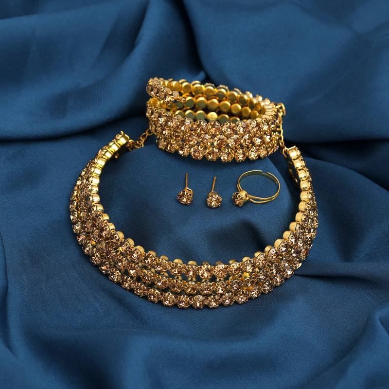 Gold color choker stone necklace set with ring and bracelet
