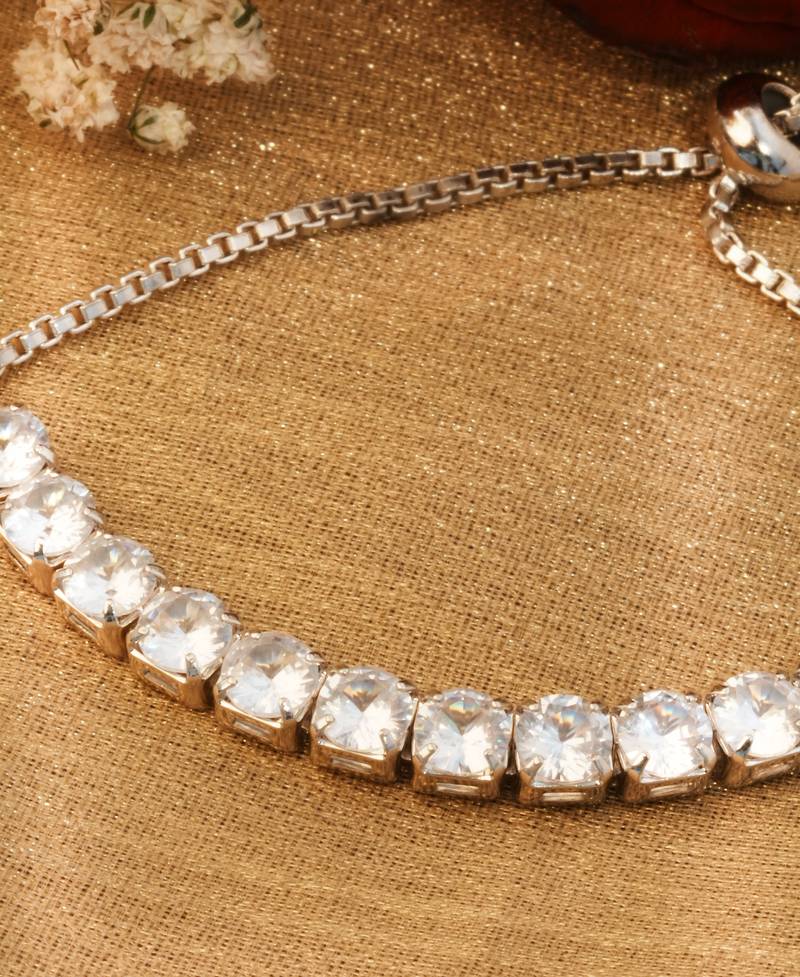 Women American Diamond Silver Plated Adjustable Bracelet