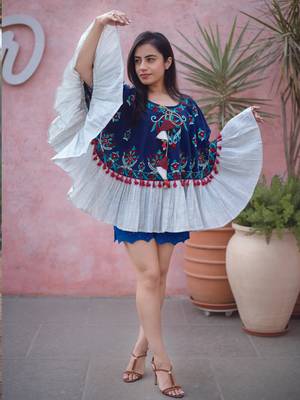 Navy Blue Fancy Embroidered Winter Circular Poncho_free Size 1