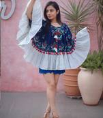 Navy Blue Fancy Embroidered Winter Circular Poncho_free Size