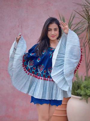 Navy Blue Fancy Embroidered Winter Circular Poncho_free Size 2