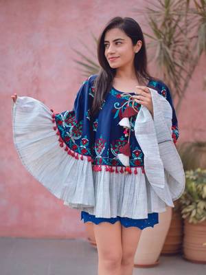 Navy Blue Fancy Embroidered Winter Circular Poncho_free Size 4