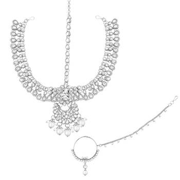 Traditional Handcrafted Faux Kundan Bridal Jewellery Set with Earrings & Matha Patti 7