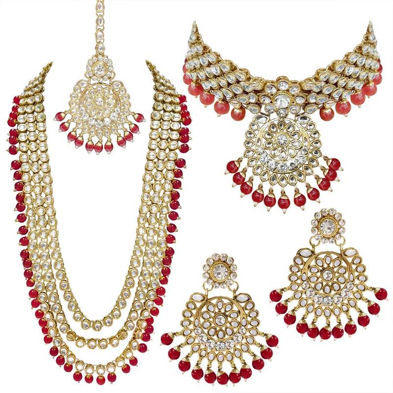 Traditional Kundan & Pearl Studded Bridal Choker Necklace Jewellery Set With Earrings & Maang Tikka for Women