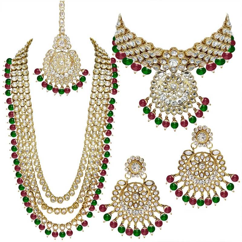 Traditional Kundan & Pearl Studded Bridal Choker Necklace Jewellery Set With Earrings & Maang Tikka for Women