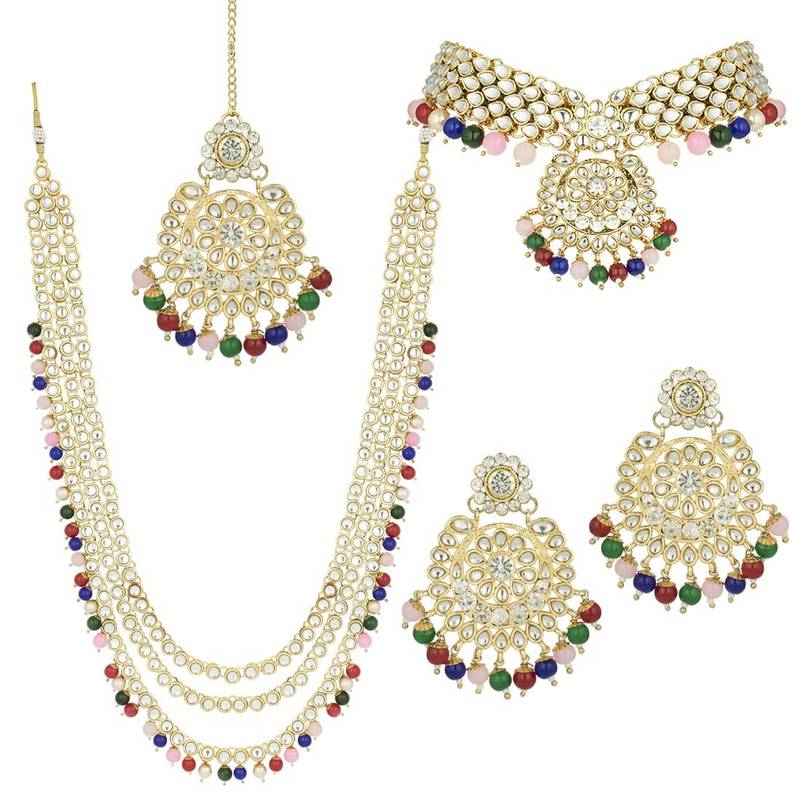 Traditional Kundan & Pearl Studded Bridal Choker Necklace Jewellery Set With Earrings & Maang Tikka for Women