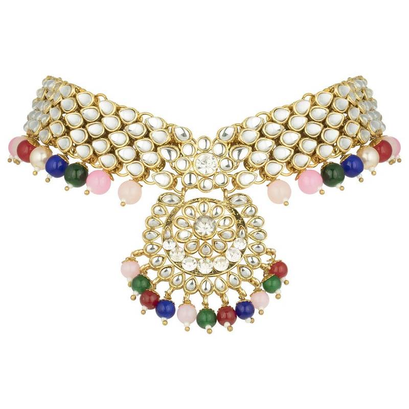 Traditional Kundan & Pearl Studded Bridal Choker Necklace Jewellery Set With Earrings & Maang Tikka for Women