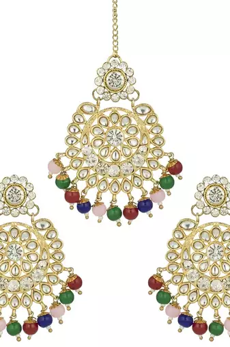 Traditional Kundan & Pearl Studded Bridal Choker Necklace Jewellery Set With Earrings & Maang Tikka for Women