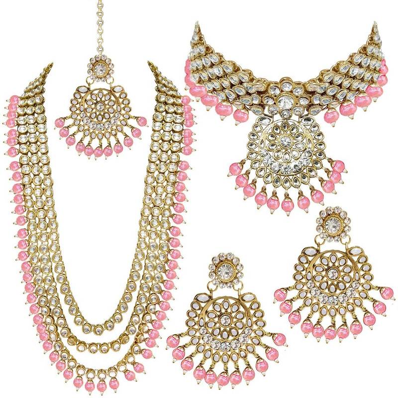 Traditional Kundan & Pearl Studded Bridal Choker Necklace Jewellery Set With Earrings & Maang Tikka for Women