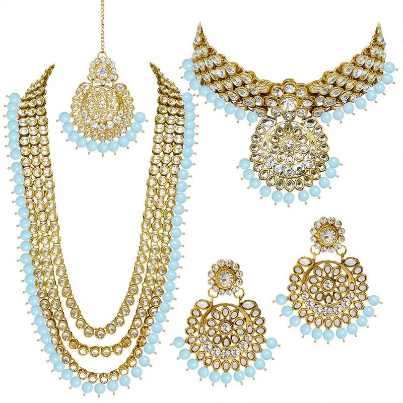 Traditional Kundan & Pearl Studded Bridal Choker Necklace Jewellery Set With Earrings & Maang Tikka for Women
