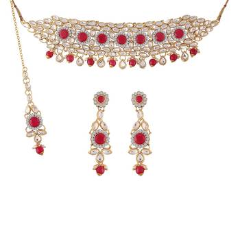 Traditional Kundan Choker Necklace Set with Earrings Maang Tikka for Women  1