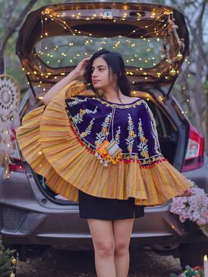Dark Purple Floral Embroidered Fancy Circular Poncho/Cape_free Size 1