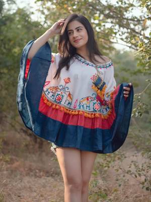 Off White Elephant Embroidered Circular Winter Poncho_free Size 2