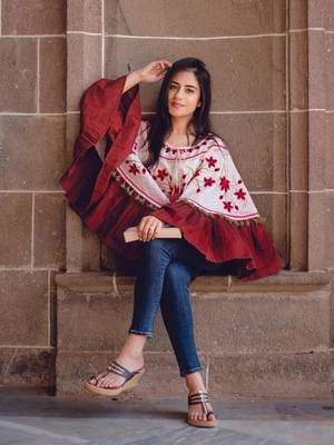 Baby Pink Floral Embroidered Circular Winter Poncho_free Size 2