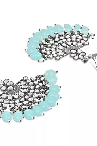 Navratri Ethnic Stylish Silver Oxidised Kundan Pearl Chandbali Earrings With Maang Tikka Set