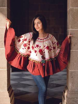 Baby Pink Floral Embroidered Circular Winter Poncho_free Size 3