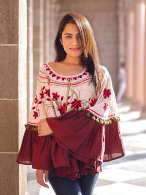 Baby Pink Floral Embroidered Circular Winter Poncho_free Size 4