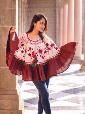 Baby Pink Floral Embroidered Circular Winter Poncho_free Size 5