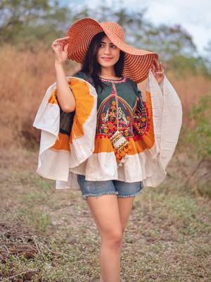 Sparrow Motif Embroidred Deep Green Circular Poncho_free Size 2