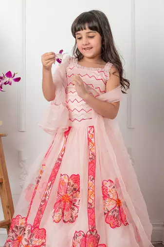 Pink applique embroidered lehenga set