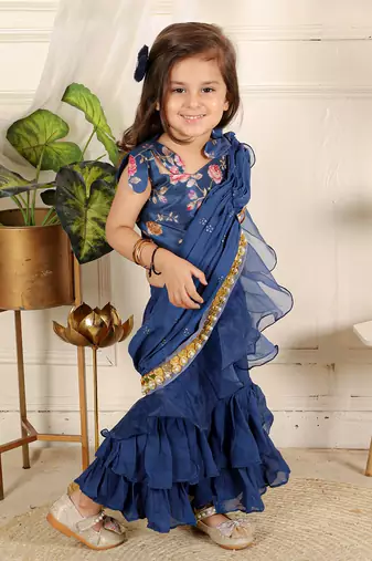 Ink blue saree style sharara set