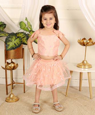 Peach flower embroidered  skirt set 1