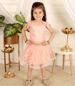 Peach flower embroidered  skirt set