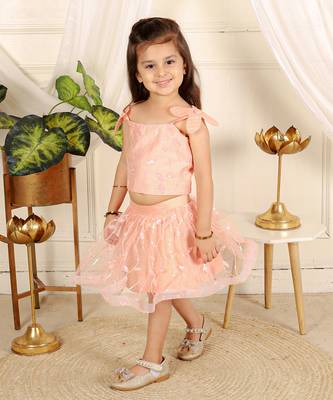 Peach flower embroidered  skirt set 2