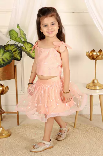 Peach flower embroidered  skirt set