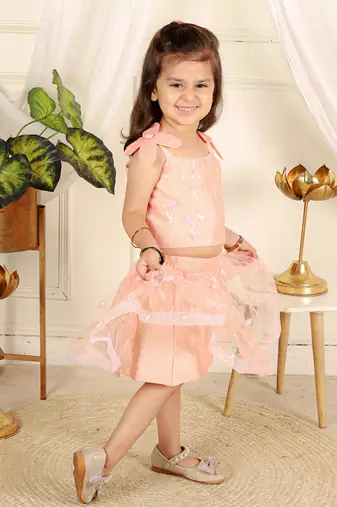Peach flower embroidered  skirt set