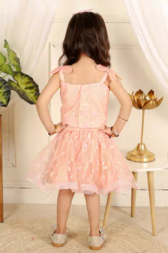 Peach flower embroidered  skirt set