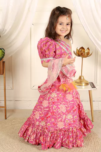 Pink one shoulder lahenga set