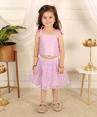 Lavender flower embroidered  skirt set 1