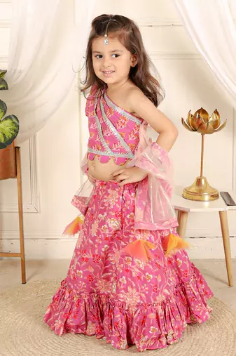 Pink one shoulder lahenga set