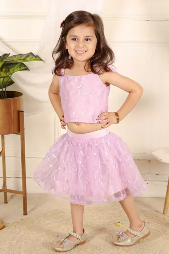 Lavender flower embroidered  skirt set