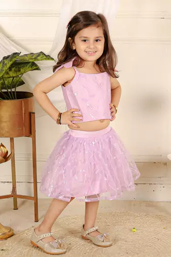 Lavender flower embroidered  skirt set