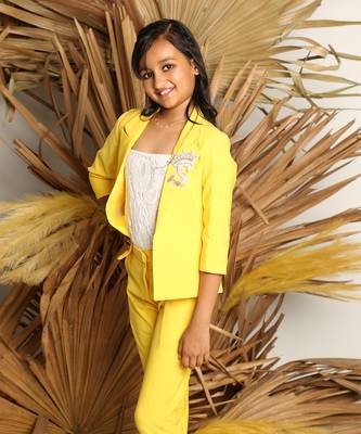 Lace work top with yellow jacket set 4