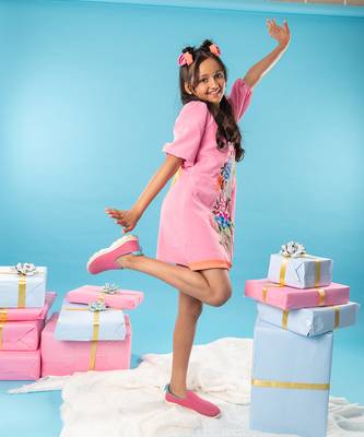 Pink flower embroidered  frock 3