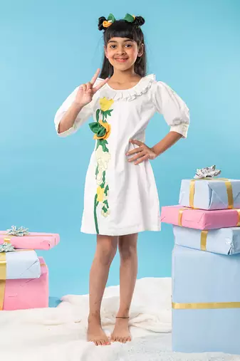 White flower embroidered  frock