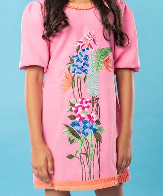 Pink flower embroidered  frock 4